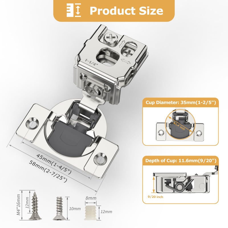 FURNIWARE 10 Pieces Soft Closing Cabinet Hinges, 1-1/4 inch Overlay Cabinet Hardware Hinges Nickel Plated- 105 Degree - Image 4